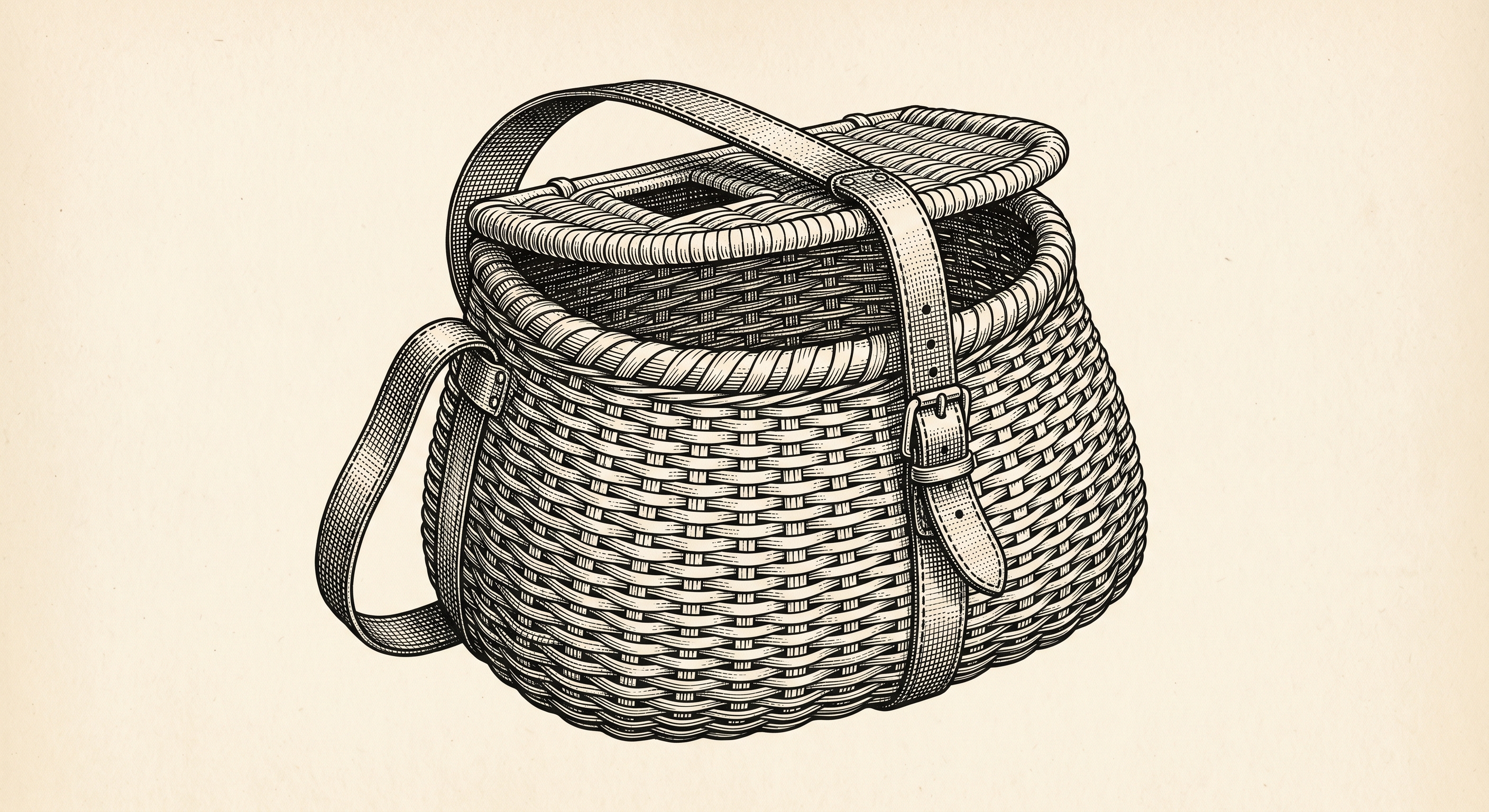 Engraved drawing of a wicker fishing creel with a leather strap