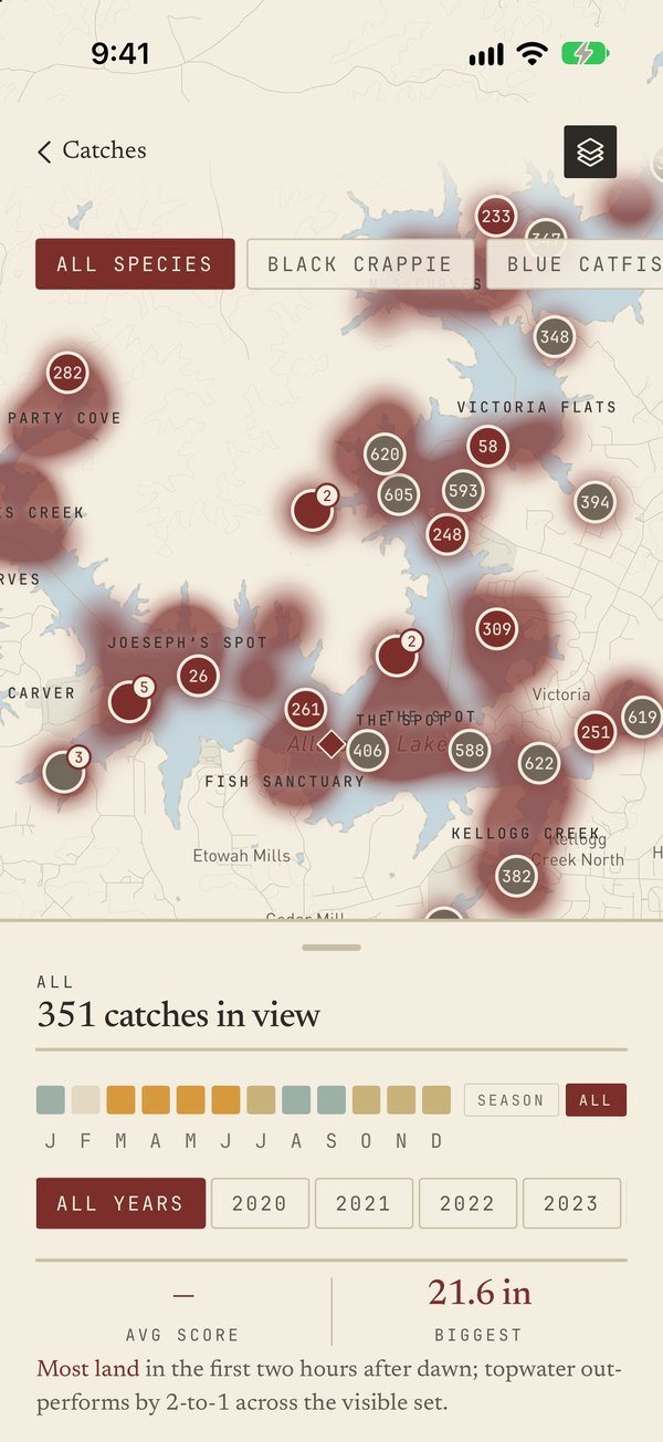 The catches map with the heat overlay for one species