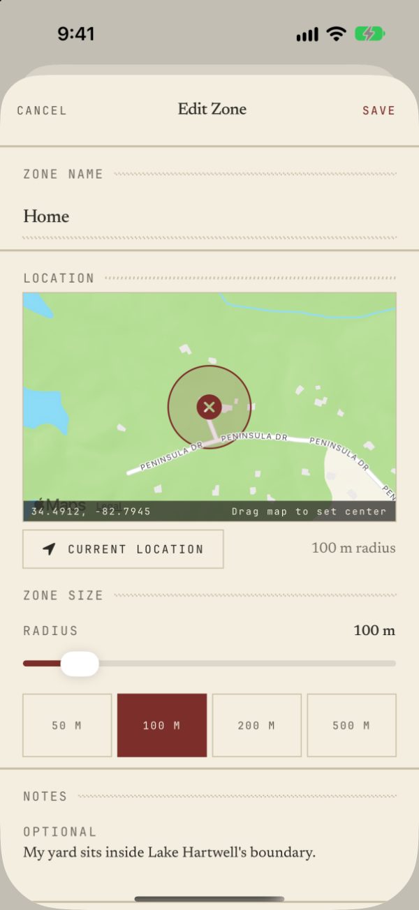 Onboarding: the exclusion zone drawn around a house, with the lake boundary on the map